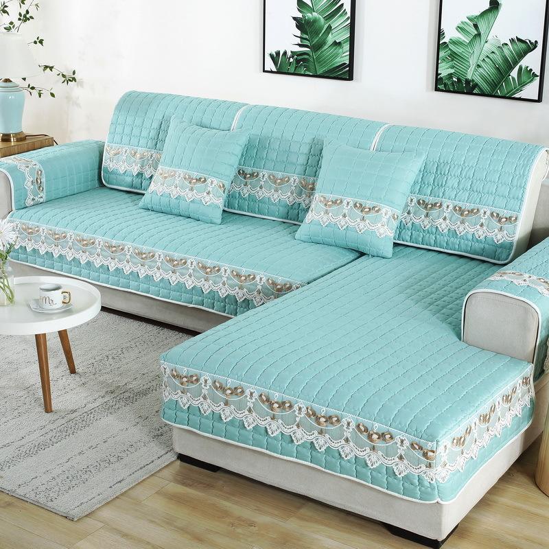 Solid Color Fabric Art Sofa Mat Light Luxury Lace Edge Anti Slip Sofa Cover European Style L-shaped Corner Dustproof Sofa Cover