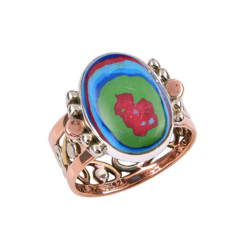 Natural Rainbow Calsilica Gemstone 925 Sterling Silver Two Tone Ring Size 8 h9F46