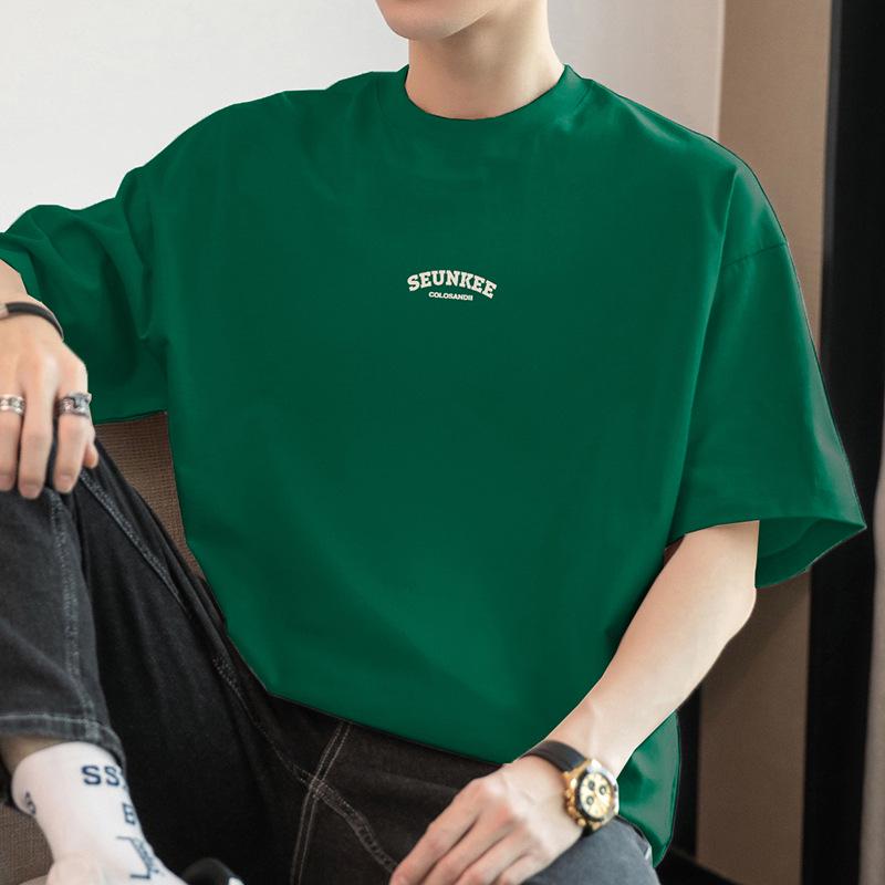 Men's Summer Heavyweight Pure Cotton Crew Neck T-shirt, 260g, Short Sleeve, Loose Fit