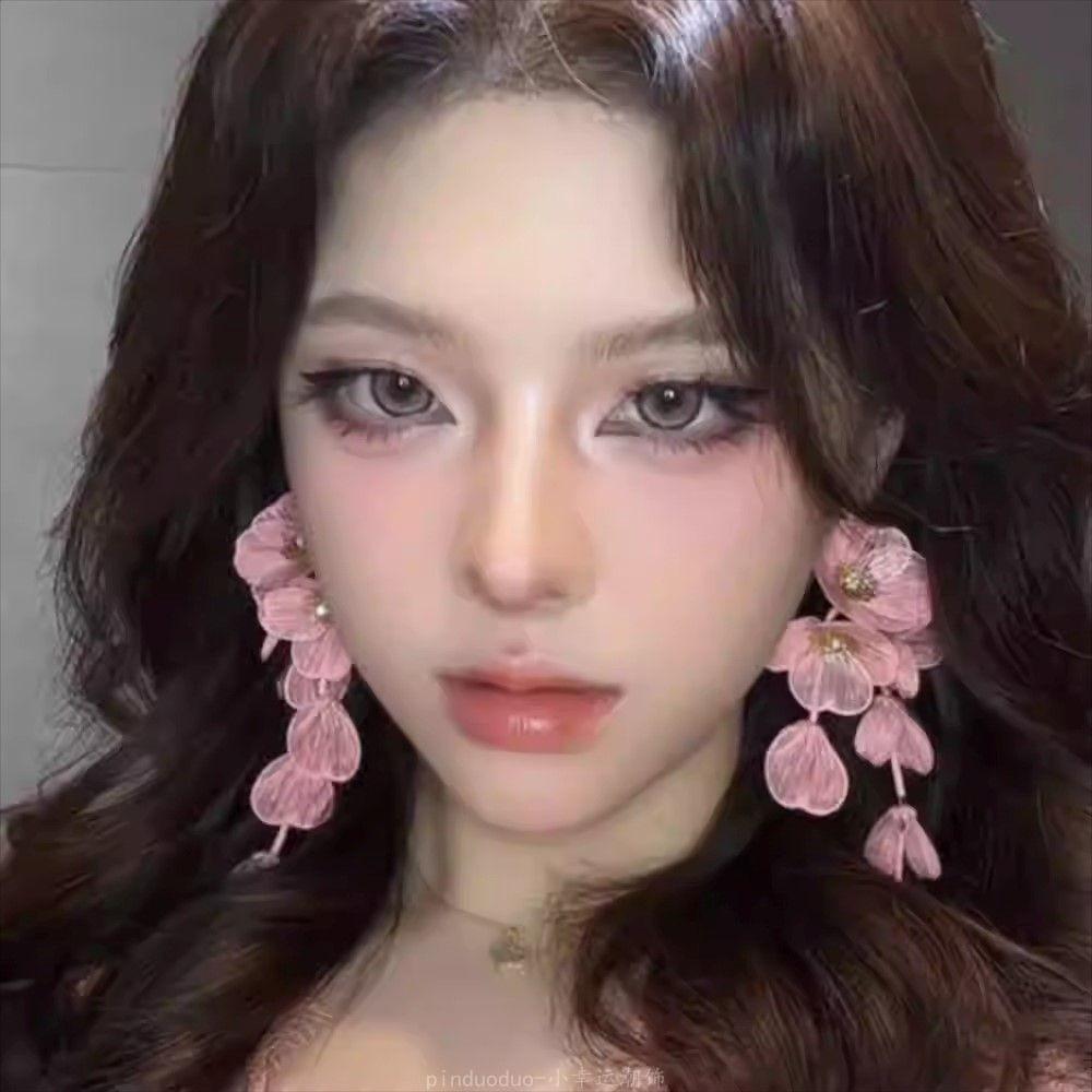 Rose petal earrings exaggerated fashion long fringed earrings women's high-end temperament versatile earrings