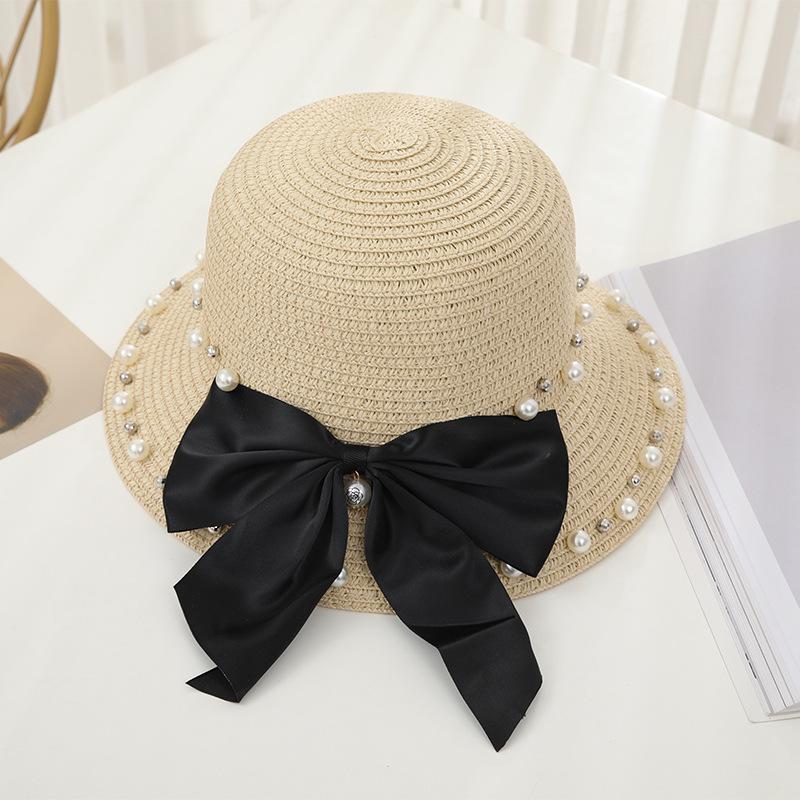 New Women's Summer UV Protection Sweet Ribbon Seaside Vacation Sunshade Bucket Hat Bow Large Brim Straw Hat