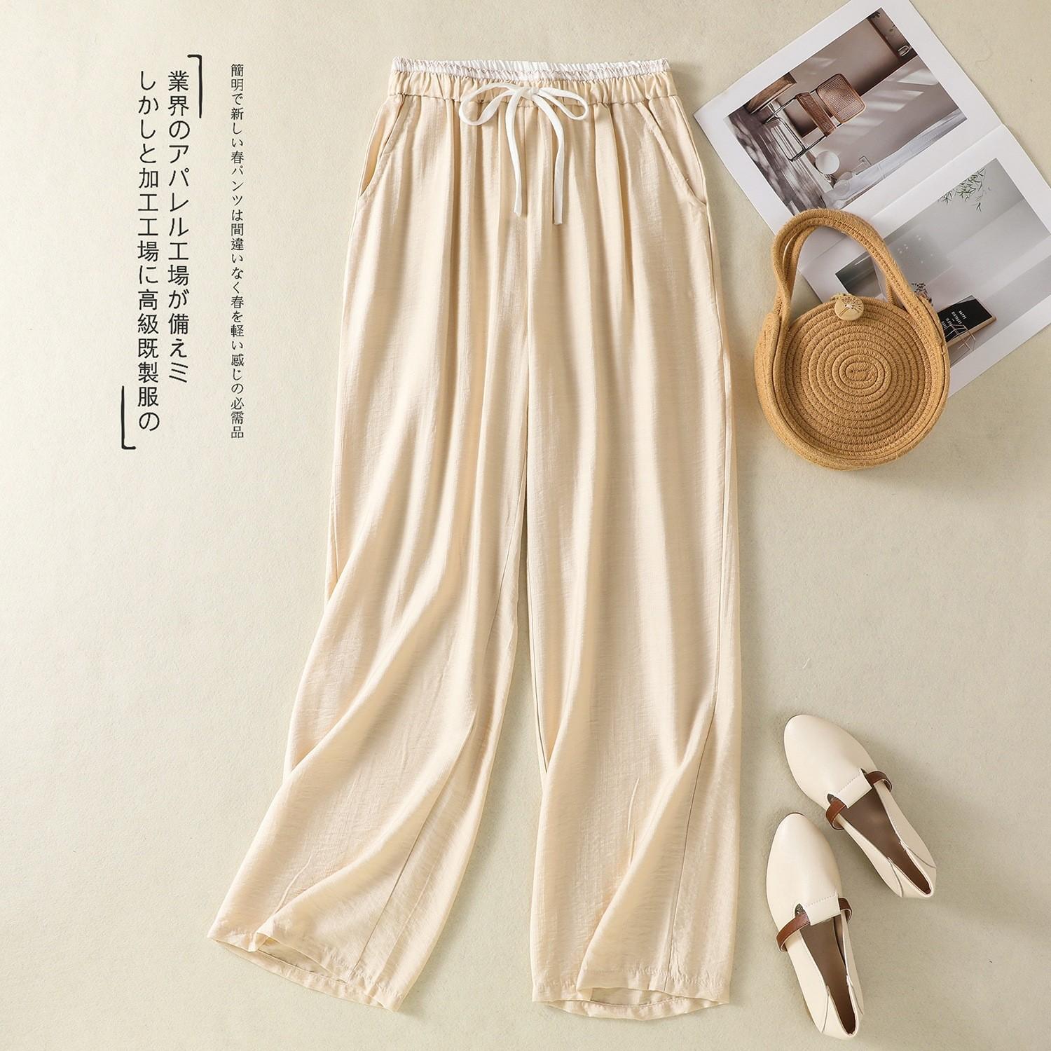 

2025 лето новые легкие и дышащие однотонные хлопково-льняные прямые брюки женские литературно-художественный стиль кулиска эластичная талия повседневные 2XL абрикосовый