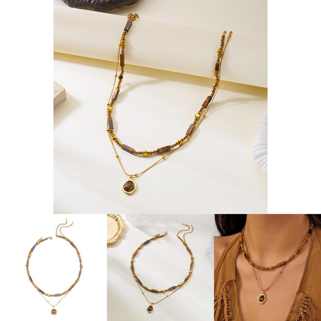 Tiger Eye Beaded Necklace With Steel Pendant Geometric Design For Fashion Casual Wear