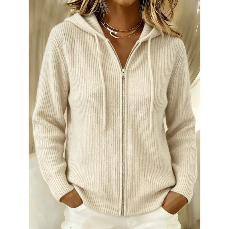 Women S Hooded Zip Knit Cardigan Casual Loose Solid Color Sweater Coat