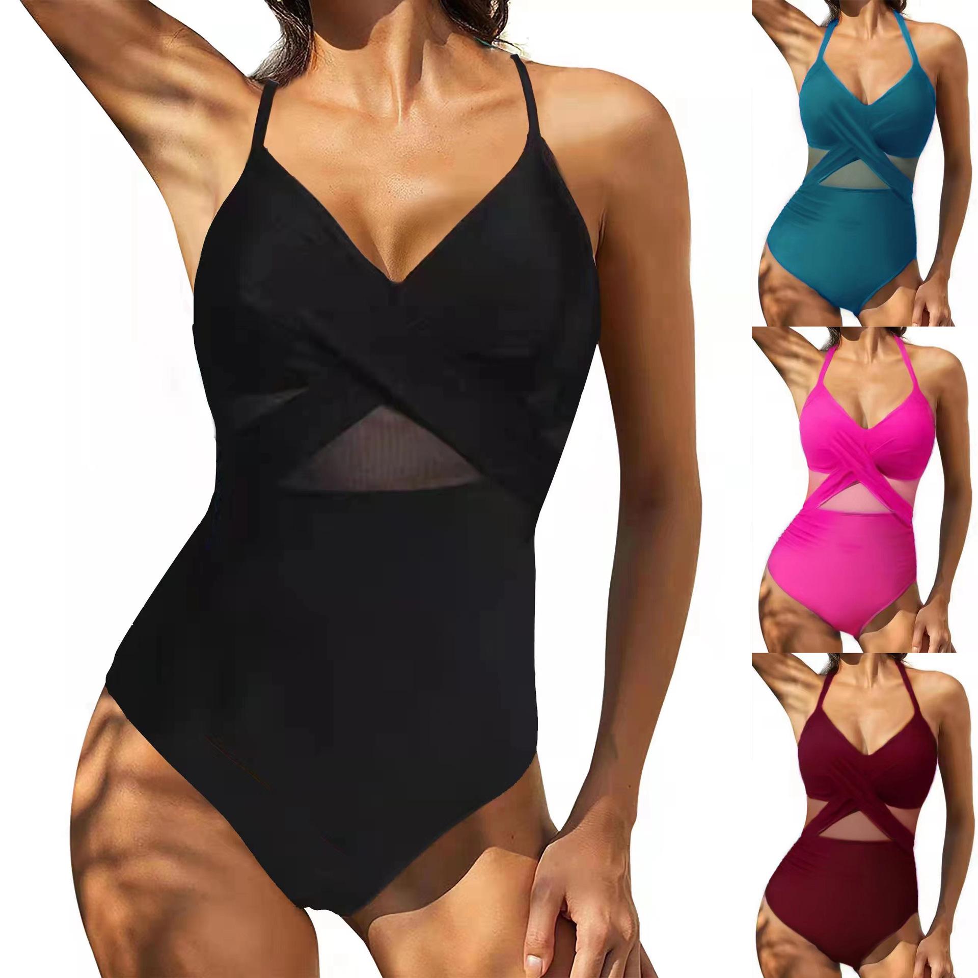 

2025 Sexy Backless Mesh One-Piece Swimsuit with Cross Style for Women XL