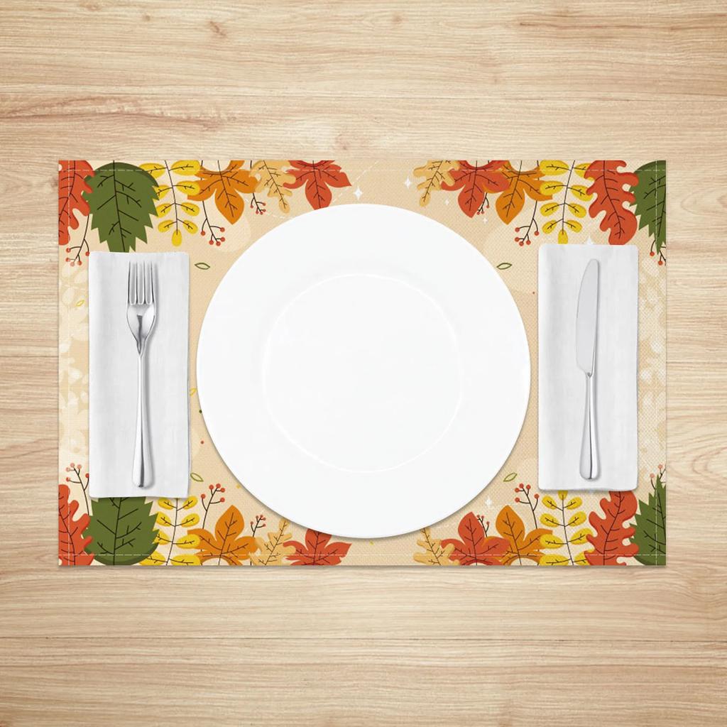 Thanksgiving Placemat Fall Harvest Table Decor Pumpkin Maple Leaf Pattern Printing Seasonal Holiday Dining Mats for Family Party