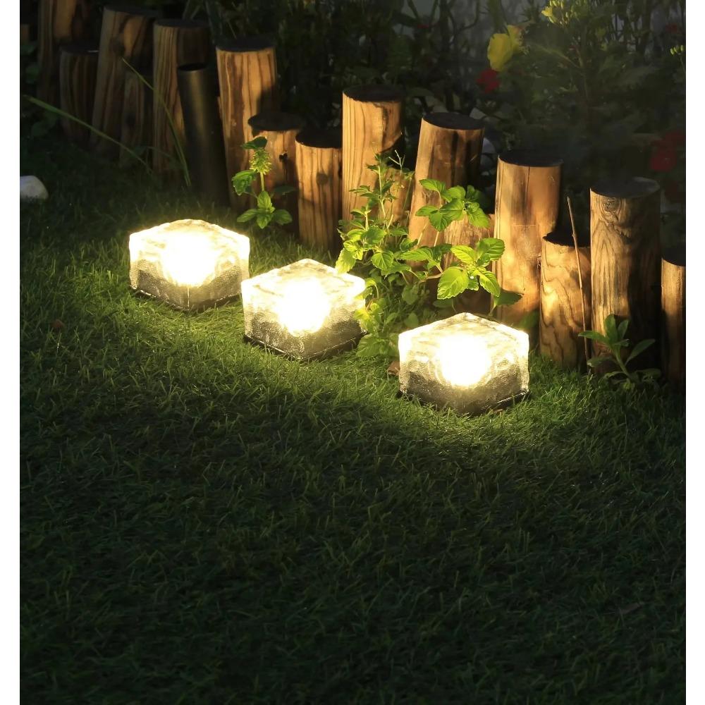 Solar Powered Ice Cube Lamp Glass Brick Landscape Square Glass Outdoor Road Courtyard Garden Decoration