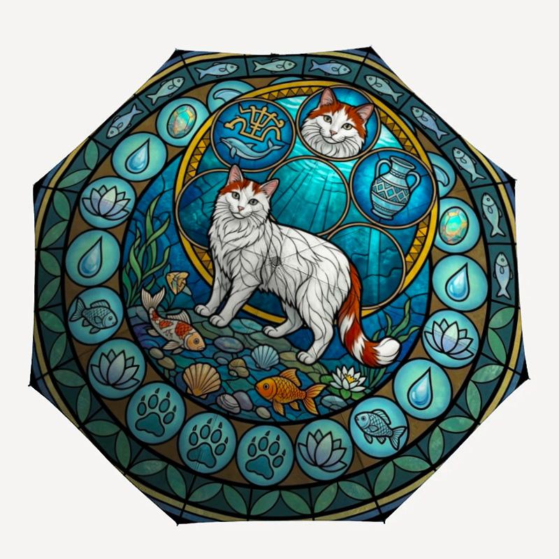 Aquatic Cat Mandala Pattern Umbrella, Portable and Foldable Design, 8 Ribs, a Casual Accessory for Halloween, Christmas, and Birthday Gifts.