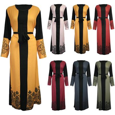 Women Long Sleeve Dress Ethnic Printed Muslim Maxi Dresses Abaya Dubai Kaftan Robe