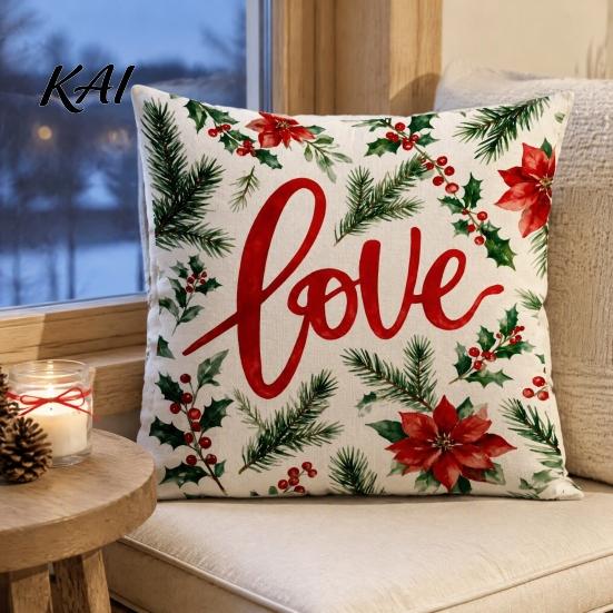 Christmas Pillow Covers Set of 4 Throw Covers, Red Poinsettia Reindeer Pine Branch Cozy Holiday Accent Pillows Cushion Cases, Xmas Decor for