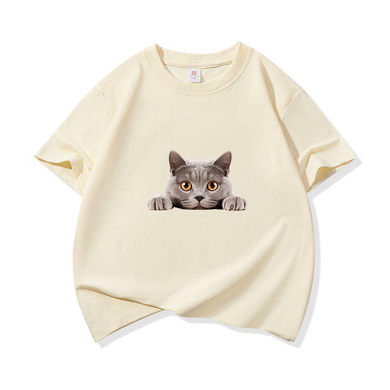 Kids Cotton T Shirt Peeking British Blue Cat Pattern Print Crew Neck Short Sleeve Tee Casual Breathable Boys Girls Summer Tops