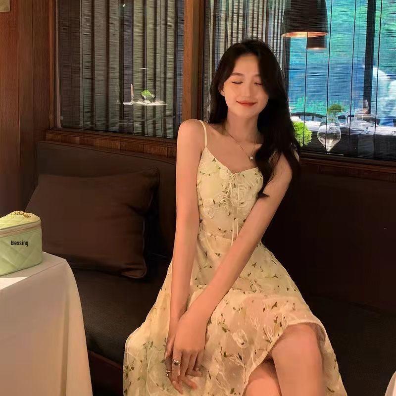 Elegant 2026 Floral Embroidery Dress: Waist-Cinched French Fairy Spaghetti Strap Style for Women Small