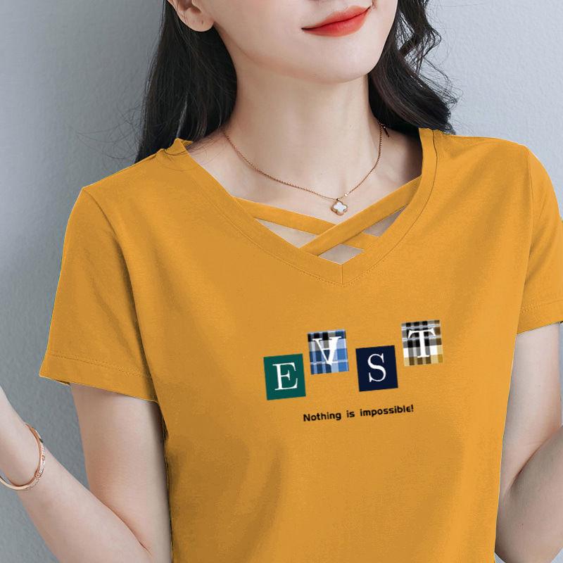 

Женский летний хлопковый ажурный облегающий топ с V-образным вырезом - дизайн с короткими рукавами в корейском стиле XL (recommended 105-120 lbs)