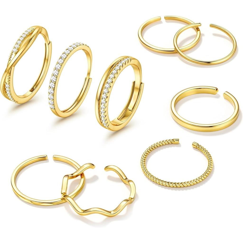 Bobisty Gold-plated Stackable Rings for Women Non Tarnish Open Adjustable Ring Cubic Zirconia Dainty Promise Thin Thumb Ring Set