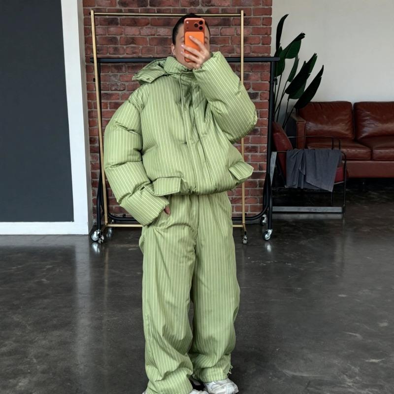 Vertical striped hooded cotton suit set thick warm loose bread suit trousers winter women's clothing