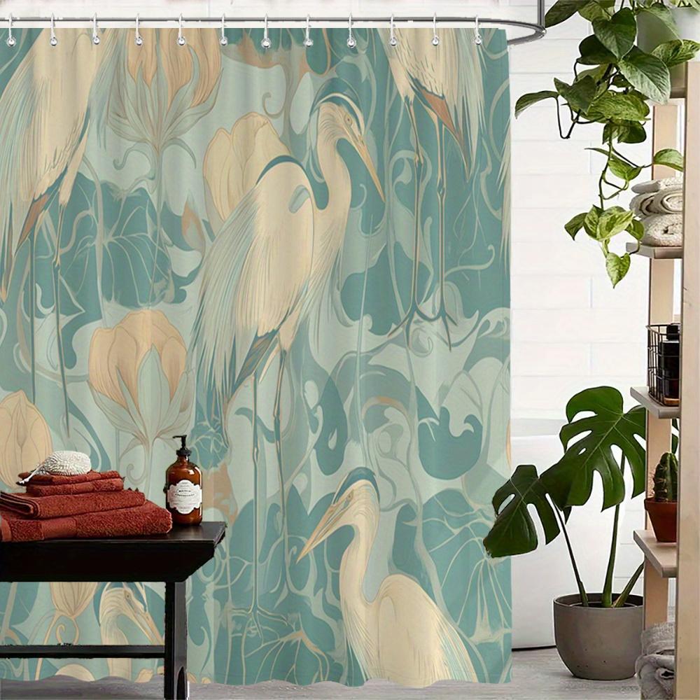 Tenda da Doccia Airone & Loto – Stampa Art Nouveau con Sfondo Azzurro Tenue, 3 Uccelli Stilizzati & Motivi Floreali, 12 Ganci