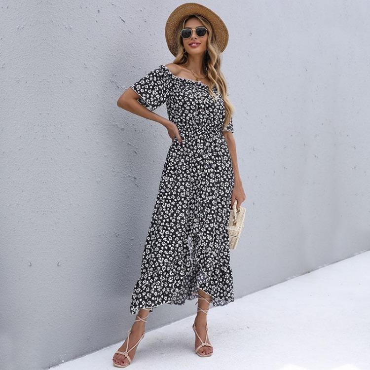 Vestido Casual de Verão Feminino Floral Cintura Alta Manga Curta Irregular Longo Decote Assimétrico S-XL