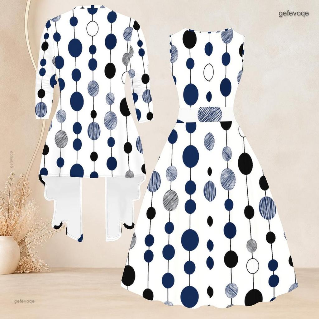 Women Plus Size Two Piece Set Printed 3 4 Sleeve Open Cardigan Sleeveless Round Neck Tie Waist Flared Dress