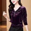 Frauen Perlen V-Ausschnitt Langarm Velours T-Shirt weibliche Herbst Pleuche Bottoming T Shirts neue Mode Top