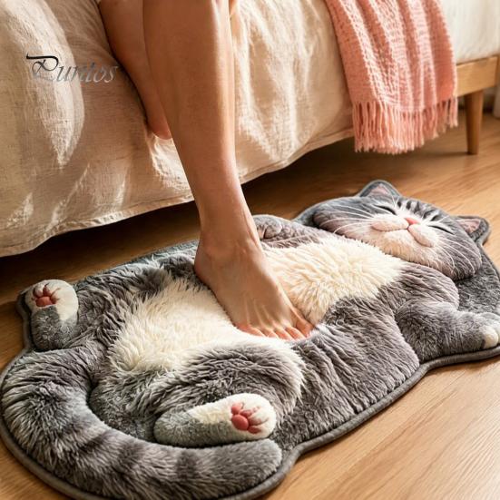 Unique Cat Pattern Floor Mat Cozy Shaped Rug, Plush Cartoon Area Mat, Soft Warm Atmosphere Interior Decor Crystal Velvet Decorative Rug for