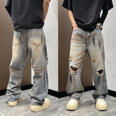 American High Street Retro Old Washed Ripped Jeans Spring and Summer New Men's Trend Loose Straight Wide-leg Pants