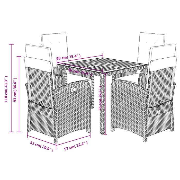 VidaXL Ensemble à Manger de Jardin avec Coussins 5 pcs, Chaises et Table de Patio, Meubles de Terrasse, Moderne, Noir Résine 3212469