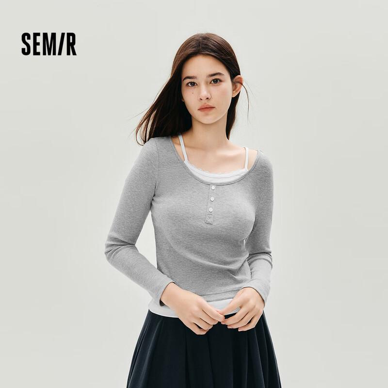Semir Women s Long Sleeve Faux Two-Piece Lace Trim T-Shirt M