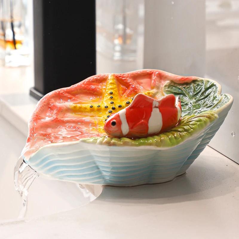 1pc Ceramic Soap Dish Ornament Drain Soap Box Fish Frog Lotus Bathroom Accessories Home Decorations Kitchen Soap Holder