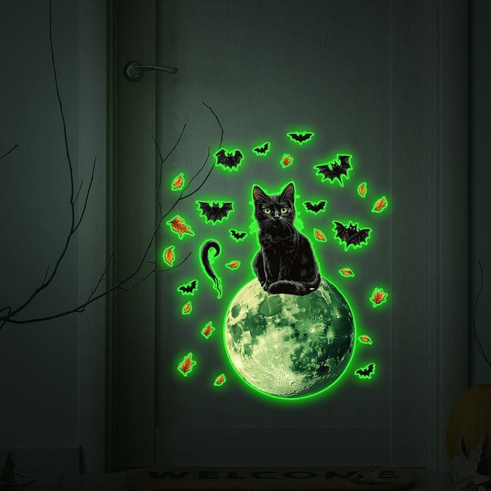 Light Green Halloween Moon Black Cat Bat Wall Decor For Bedroom Office Spaces
