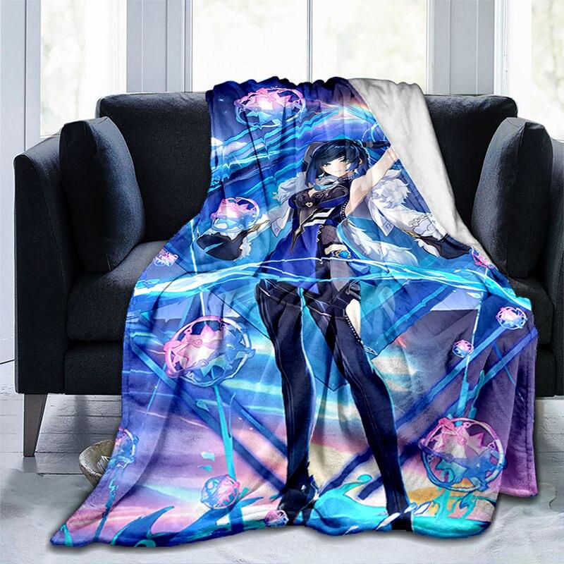 Pătură cu imprimeu Genshin Impact cu desene animate, flanel, căldură, moale, canapea extensibilă de pluș, pătură pentru aruncare, pătură de pluș, anime drăguț