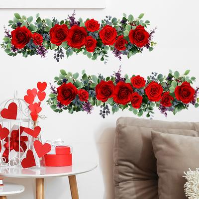 Zartrosa Rosen mit grünen Blättern Wandverkleidung Wandaufkleber Selbstklebend PVC für Wohnzimmer Schlafzimmer Abnehmbar Heimdeko