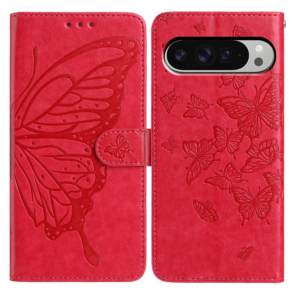 Für Google Pixel 9 Pro XL/10 Pro XL Hülle Schmetterling geprägt Brieftasche Ständer PU Leder Klapphandyhülle mit Riemen