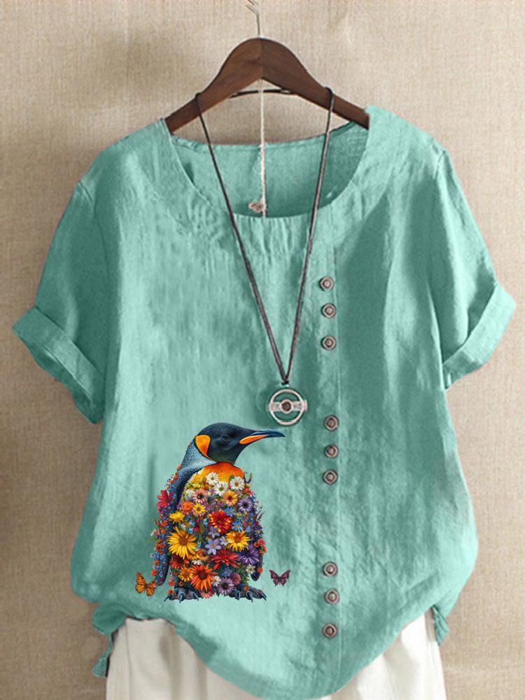 Women's Fashion Penguin Floral Print Round Neck Short Sleeve T-shirt Casual Cotton Linen Graphic Shirt Leisure Loose Summer Blouse Tops