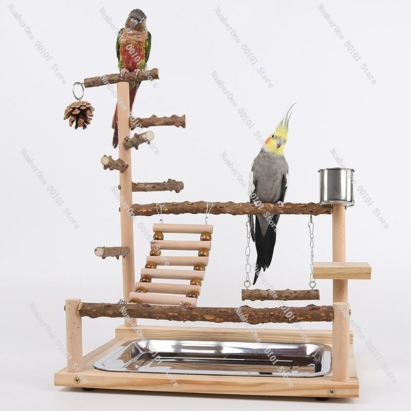 Pepper Wood Parrot Stand,Bird Training Station with Climbing Net,Suspension Bridge Swing for Parrots,Interactive Climbing Ladder