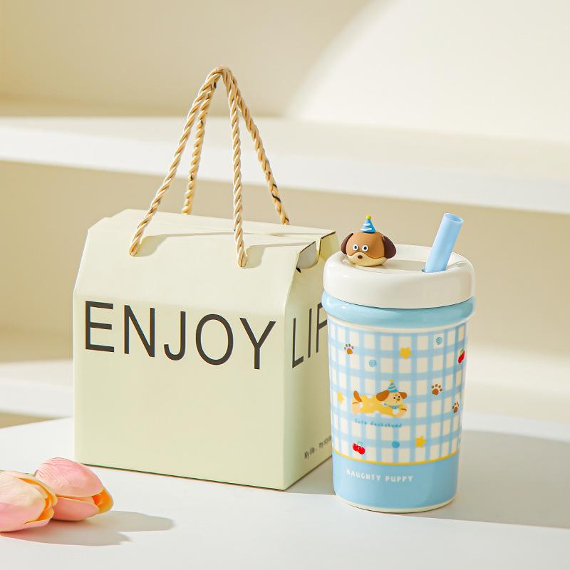 Girl's Heart Cute Pet Mug Cute Straw Ceramic Cup with Lid Spoon Girls Coffee Milk Cup Birthday Gift