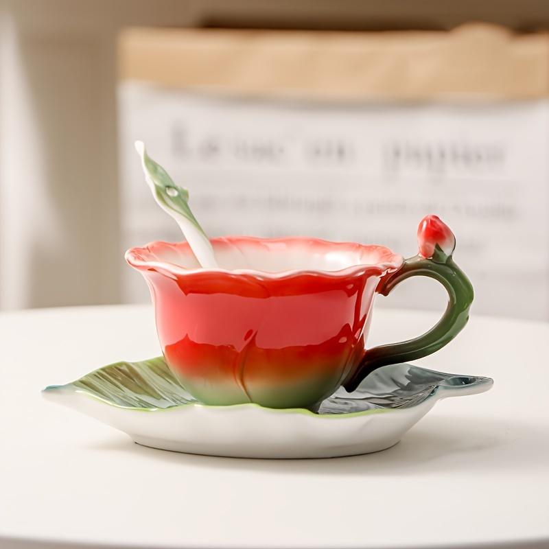 [Enamel Rose Coffee Cup] Elegant Hand-Painted Enamel Rose Coffee Cup and Saucer Set, Ceramic, Insulated, Dishwasher Safe