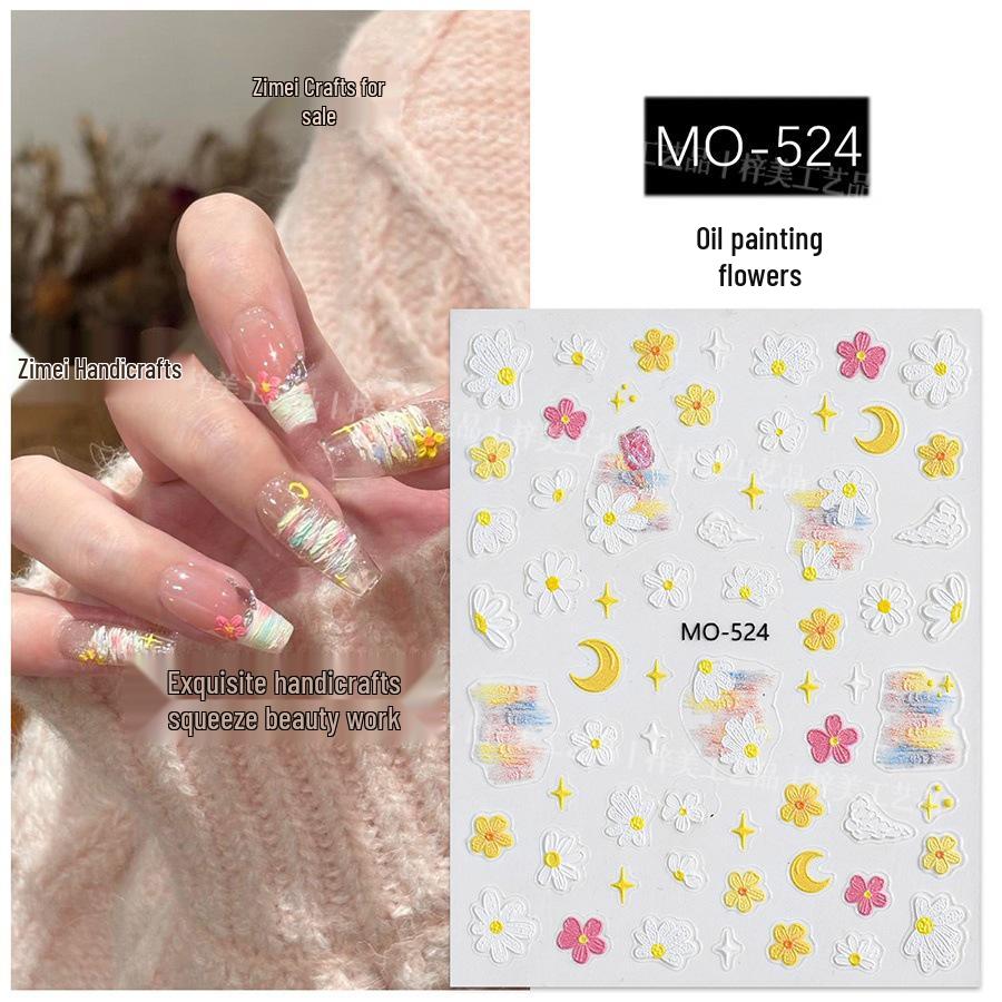 

Colorful Hand-Painted Floral Nail Art Stickers - Fresh Embossed Oil Painting Decals