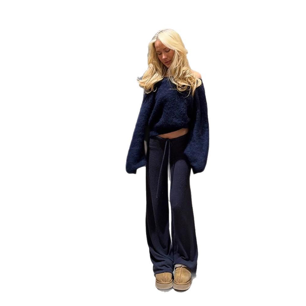 Casual Cross-Border Fashion Sweater with Seahorse Hair, Solid Color, Slanted Neck, and Long Sleeves
