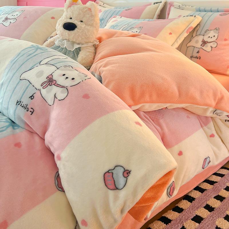 Cartoon Thickened Milk Fleece Coral Fleece Bed Four-Piece Set Fleece Flannel Quilt Cover Children'S Bed Single Three-Piece Set