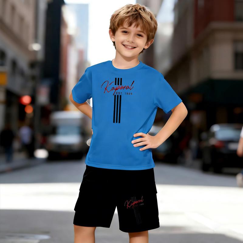 Boys 2 Piece Cute Letter Print Outfit, Short Sleeve T-Shirt and Shorts Set for Kids Age 5-14, Black and White Sporty Casual Summer Clothes