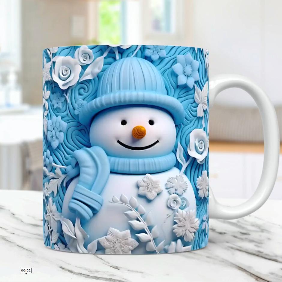 3D Christmas Ceramic Coffee Mug Tea Cup Snowman Flower Snowflake