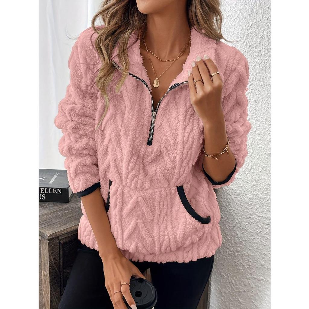 Autumn and Winter New Style Lapel Small Fragrant Jacquard Half Zipper Plush Pocket Short Hoodie
