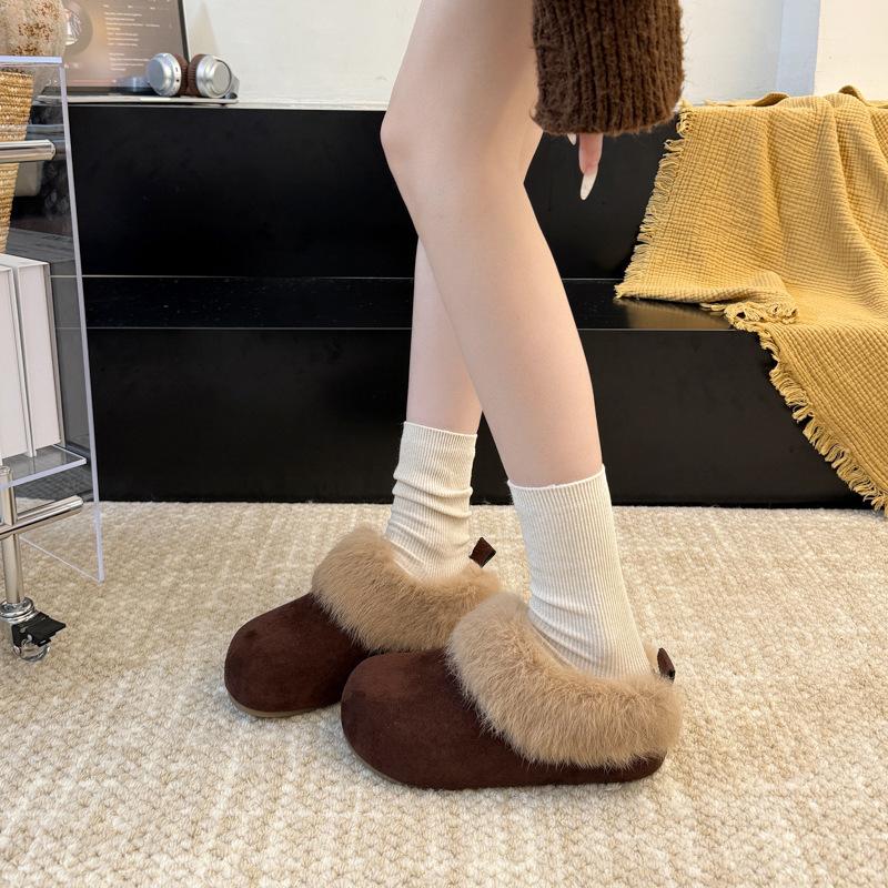 Retro velvet half-drag thick-soled heightening Birkenstocks 2025 autumn and winter new lazy people wear fluffy slippers with one foot