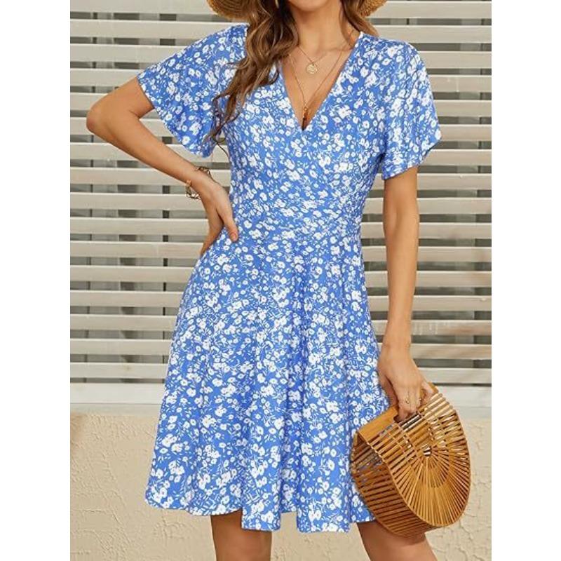 Popular, Summer Floral Short Sleeve Wrap V-Neck A Line Midi Dress