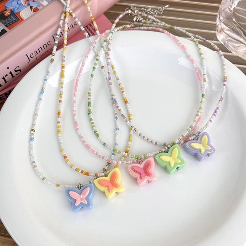 Acrylic Butterfly Beaded Necklaces Butterfly Pendant Choker Beads Chokers Party Accessories Gift for Women Girlfriends