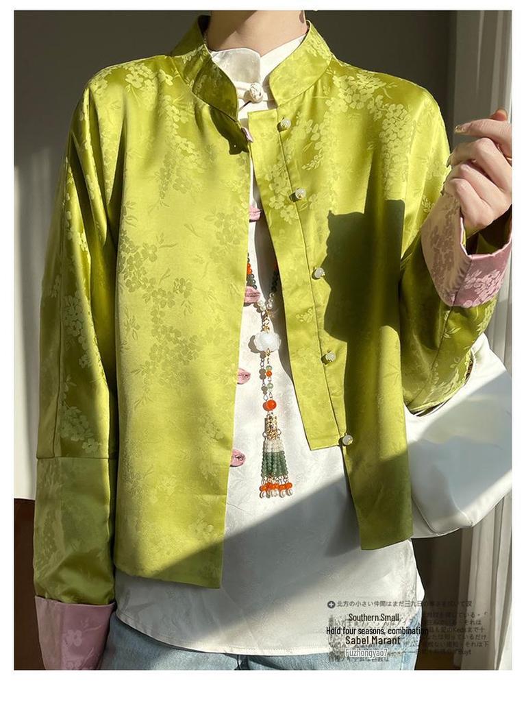 Women's Retro Satin Mandarin Collar Cardigan - Loose Fit, Light National Style Tang Jacket