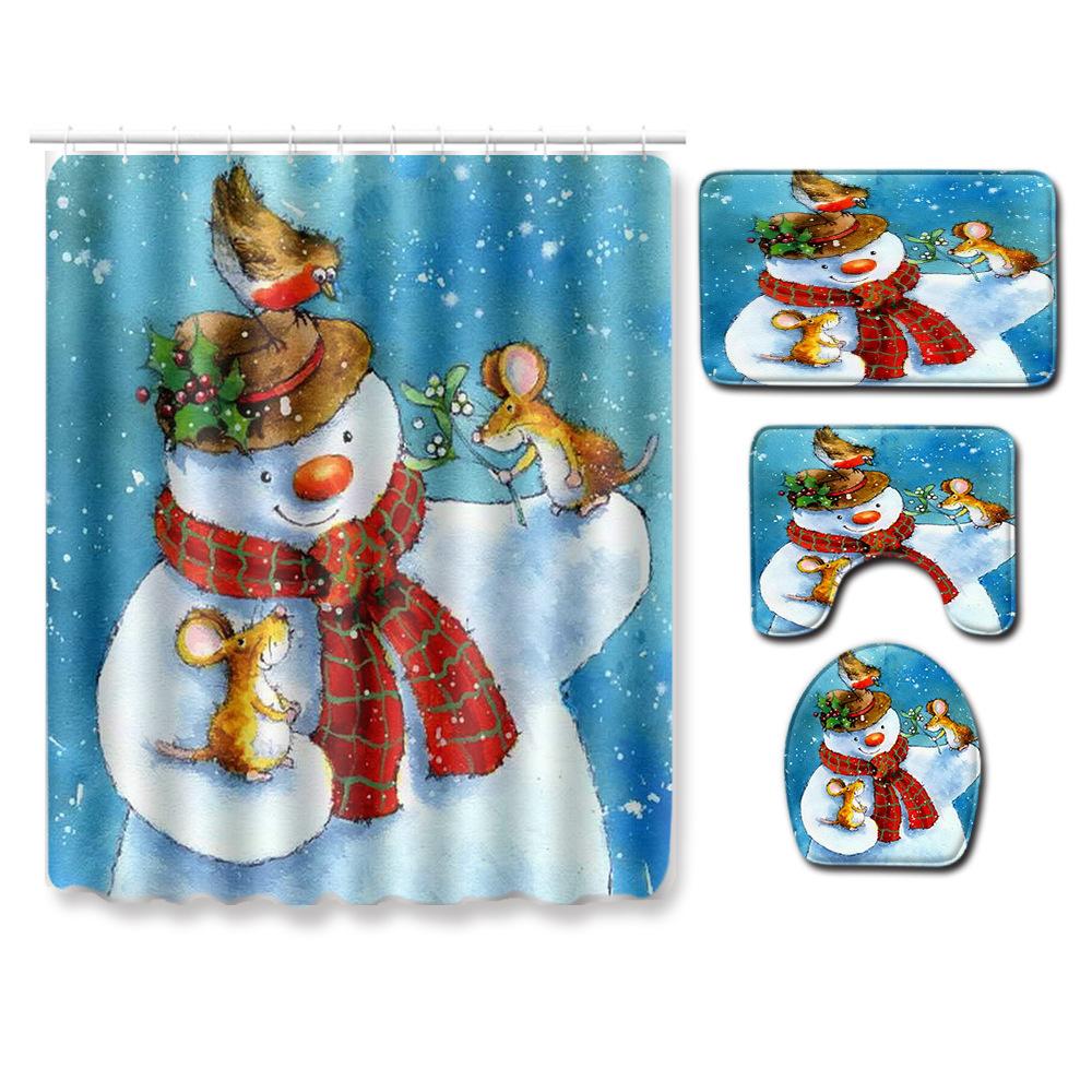 Christmas Shower Curtain Floor Mat Combination Four-Piece Set Bathroom Toilet Carpet Shower Room Mat Foot Mat
