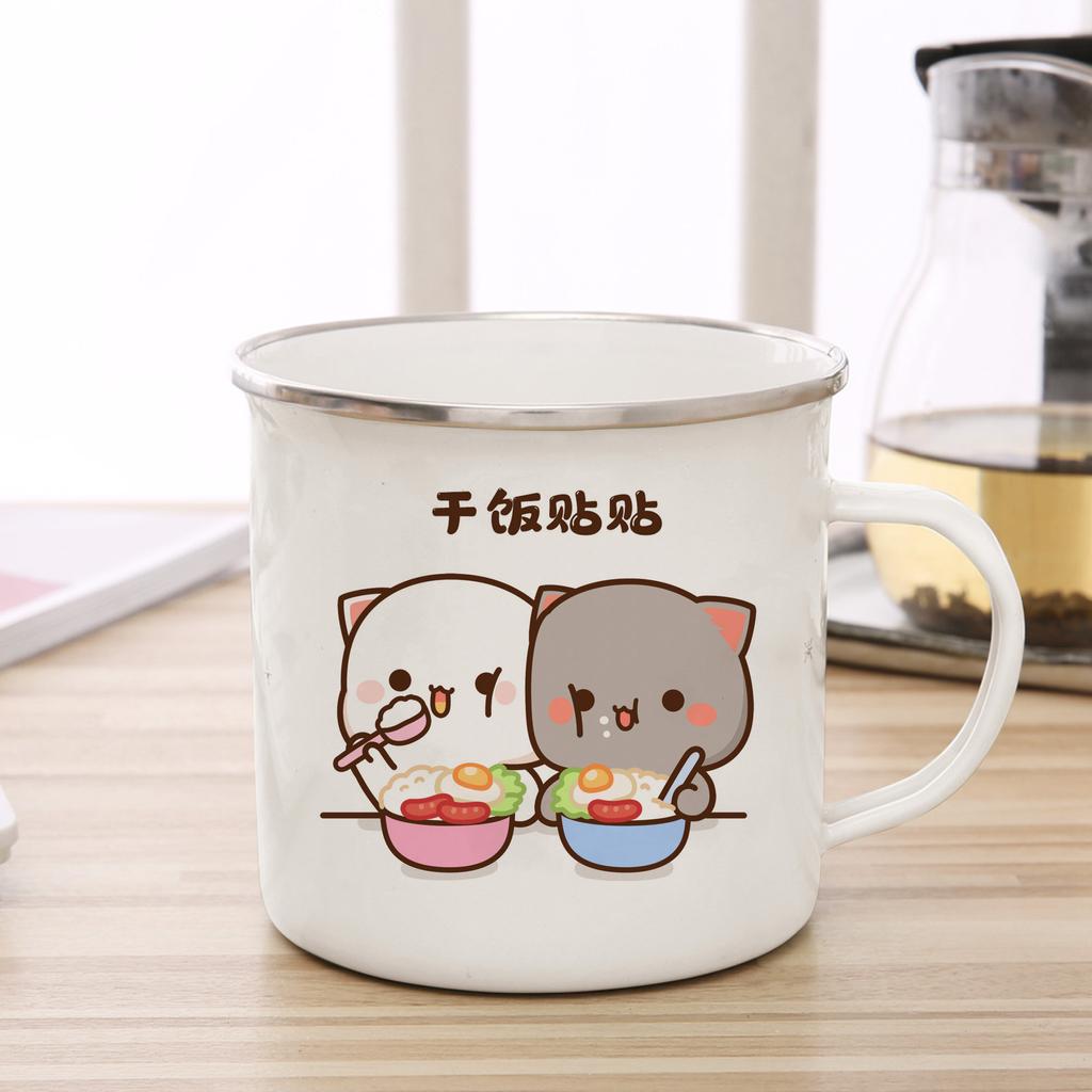 New Peach and Goma Cat Enamel Coffee Tea Cup Cute Animal Breakfast Dessert Milk Water Cup Couple Gift Original Breakfast Cups