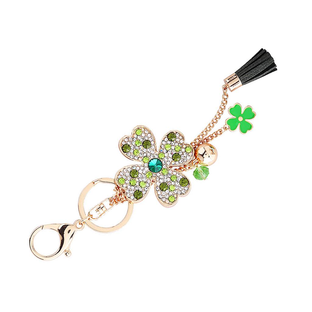 Lucky Four Leaves Clover Crystal Keychains Car Keyring Women Tassel Bag Buckle Pendant(Green)