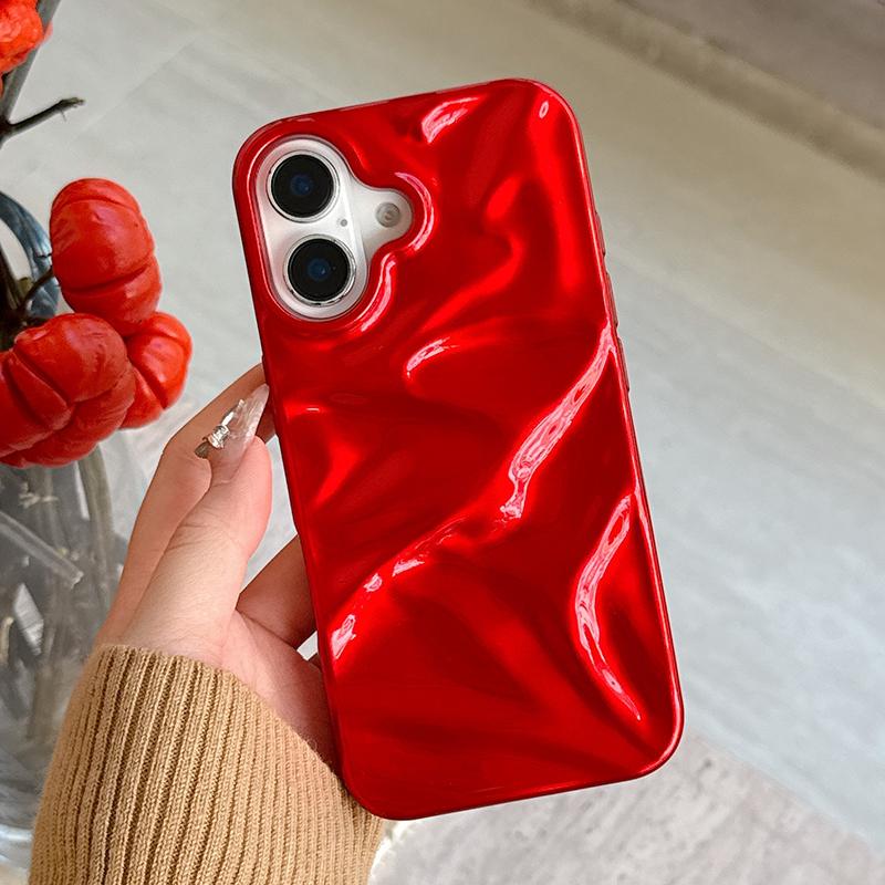 Red Glossy Irregular Wrinkle Phone Case For iPhone 16 Pro Max 17 Air 15 13 12 11 14 Plus Soft Silicone Protective Back Cover